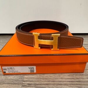 H Gold Buckle & Reversible Leather Strap Belt (brown/black) 32 mm